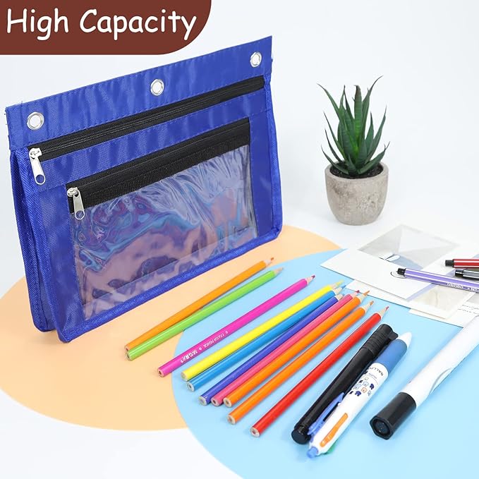 YoeeJob 1 Pack Pencil Pouch for 3 Ring Binder, Expandable Binder Pouches with Zipper, Large Capacity Pen Holder Case with Clear Window School Class Office Organizers, Blue