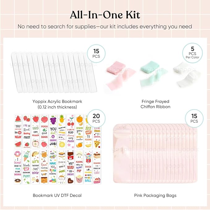 15 Pieces Acrylic Bookmark Blanks (3mm) Thicken Bookmark Making Kit with 20 Pcs Fruit UV DTF Sticker, 15 Pcs Ribbon, Suitable for DIY Your Crafts Gifts