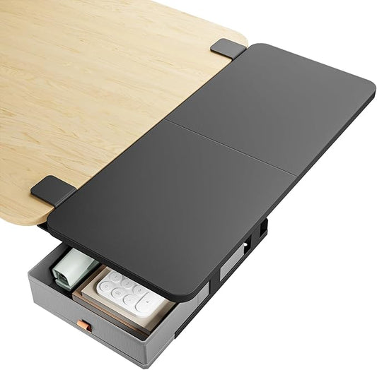 Desk Extender Tray, 28" x 12" Clamp On Desk Shelf, Desk Extension with Storage Drawer, Table Desk Arm Rest, Clamp On Keyboard Tray for Office and Home, Workstation Organizer, Large, Black