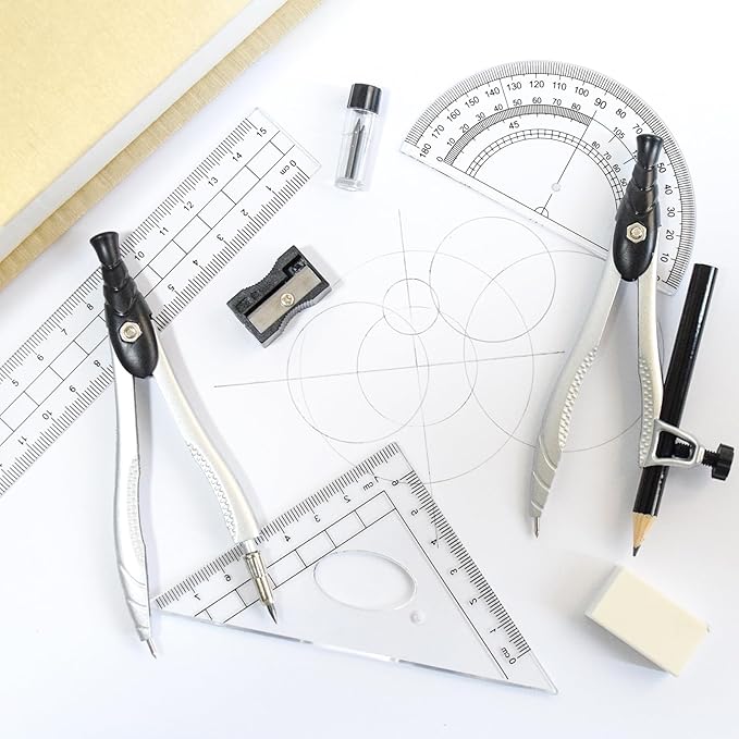 SAYEEC Geometry Set, 10 Pcs Math Protractor Compasses Kit with Ruler, Triangles, Eraser, Sharpener, Lead Refills, Pencil, Storage Box, Drafting Drawing Tools for Architects Engineers Artists Students