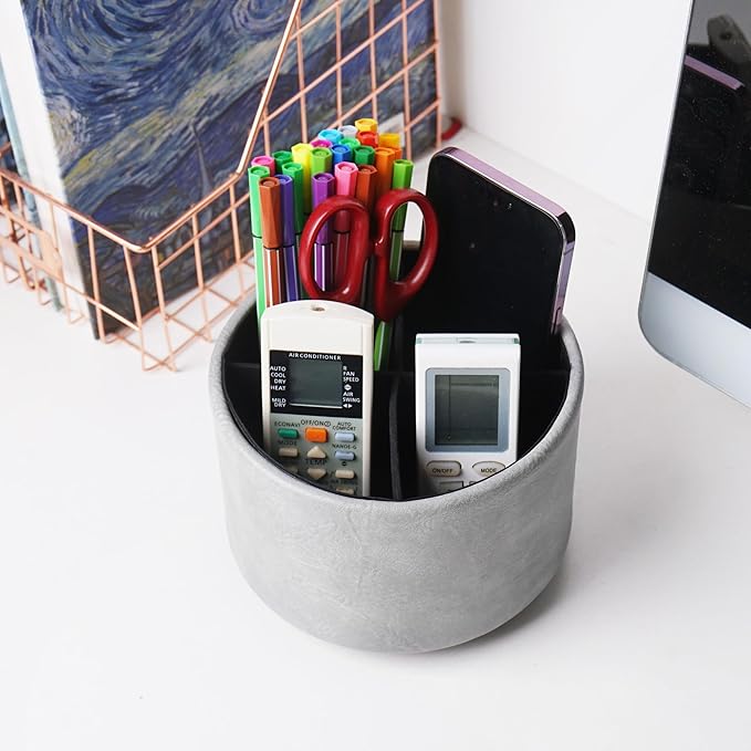Hennaja Round Leather Art Supply Organizer,Remote Control Holder,360 Degree Spinning,Multi-Functional Pencil Holder,4 Compartments Desktop Stationary Organizer(1-Crazy Blue)