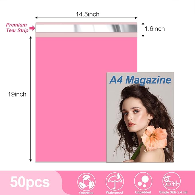 JinRuiKJ Thank You Poly Mailer 14.5x19 Inch 50 PCS, Shipping Bags for Clothing, Packaging Bags for Small Business, Strong Adhensive, Waterproof and Tear-Resistant Mailing Envelopes, Pink