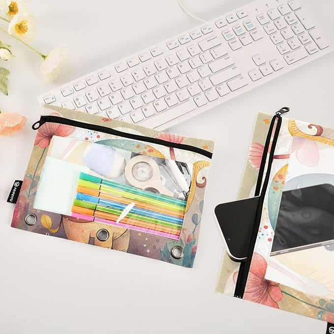 ZAZYXTJ Personalized Cute Elephant Binder Pencil Pouchs 3 Ring with Zipper Clear Window Office Organizers bag for School Students Teacher Supplies 2 Pack