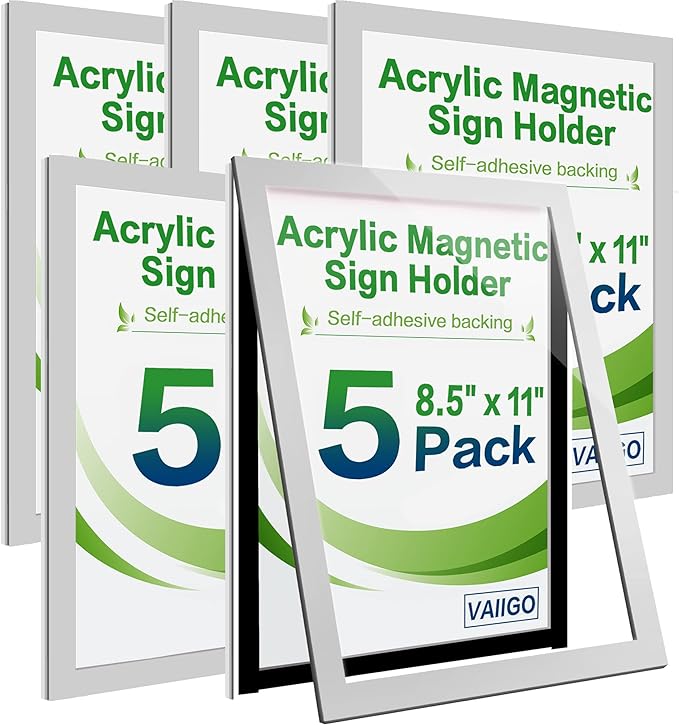 Acrylic Sign Holder 8.5" x 11" Wall Mount, Self Adhesive Magnetic Display Frame with Nano Tape, Plastic Clear Document Frame for Office, Store, School, Home, Wall Picture Frame (Silver, 5Pack)