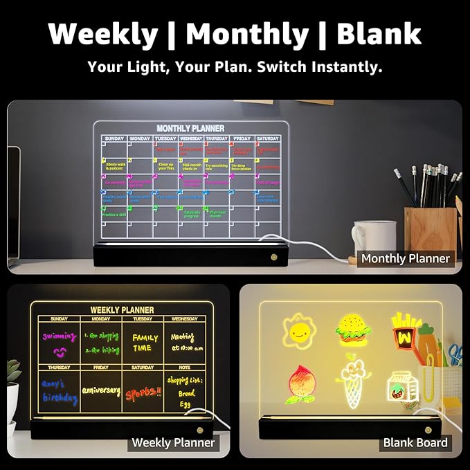 LED Note Board with 8 Colors，Acrylic Dry Erase Board with Light, Clear Monthly/Weekly Calendar, Led Drawing Board for Kids with Stand, 8 Markers, Adapter, Soft Cloth, Holiday Trend Gift (Black)
