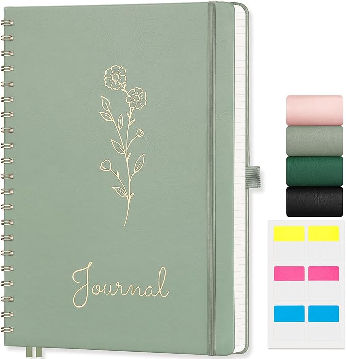 EMSHOI A4 Graph Grid Notebook - 110 Pages 100GSM Grid Paper, Vegan Leather Floral Cover with Spiral Binding for Engineering, Bullet Journaling, School & Work - Includes Ruler, Pockets -Light Green