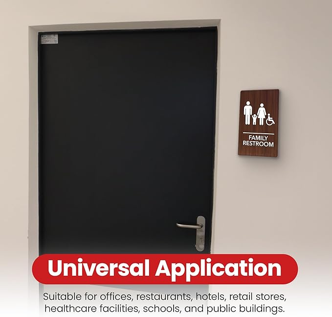 Promot Family Restroom Sign – ADA Braille Bathroom Sign for Business, Self-Adhesive, 9" x 6", Commercial Door Signage, Office Wall Decor - Walnut