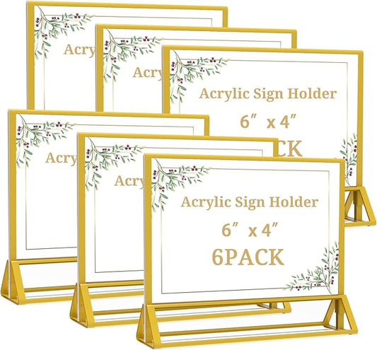 Clear Acrylic Sign Holder 6x 4 Horizontal Double Sided Gold Frame Display Stand Table Flyer Holder for Wedding Table Number Menu Holder (6pcs)
