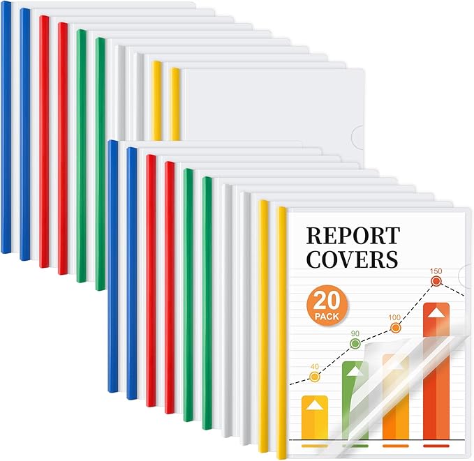 JOERSH 20Pcs Clear Report Covers with Sliding Bar, 40 Sheet Capacity Plastic Binder Paper Protector, Report Folders with Clear Cover for Resume File Documents, 5 Colors