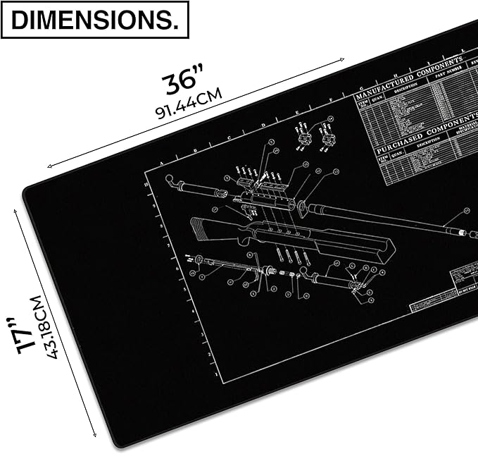 MPCO. Blueprints Large Gaming Desk Pad - 36" x 17" Aeroglyde Fabric Browning 50 Cal – Black Desk Mats - Non-Slip, Washable, Smooth Glide for Precision Gaming & Work
