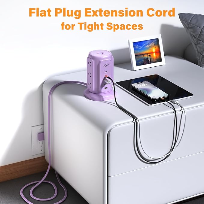 AiJoy Power Strip Tower with 9 Outlets and 5 USB Ports (2 USB C), 1200J Surge Protection, 1625W Flat Plug Extension Cord with Multiple Outlets Extender for Dorm Home Office Supplies, Purple