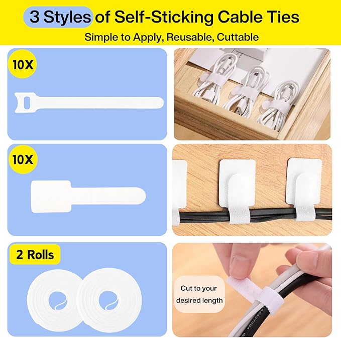 [313Pcs] Cable Management Kit, 67 Adhesive Cable Clips, Topavatop Desk Cord Organizer, 22 Reusable Cable Strap, 4 Cable Sleeve Split, 200 Nylon Cable Zip Ties with 20 Mounts for TV Office Home, White