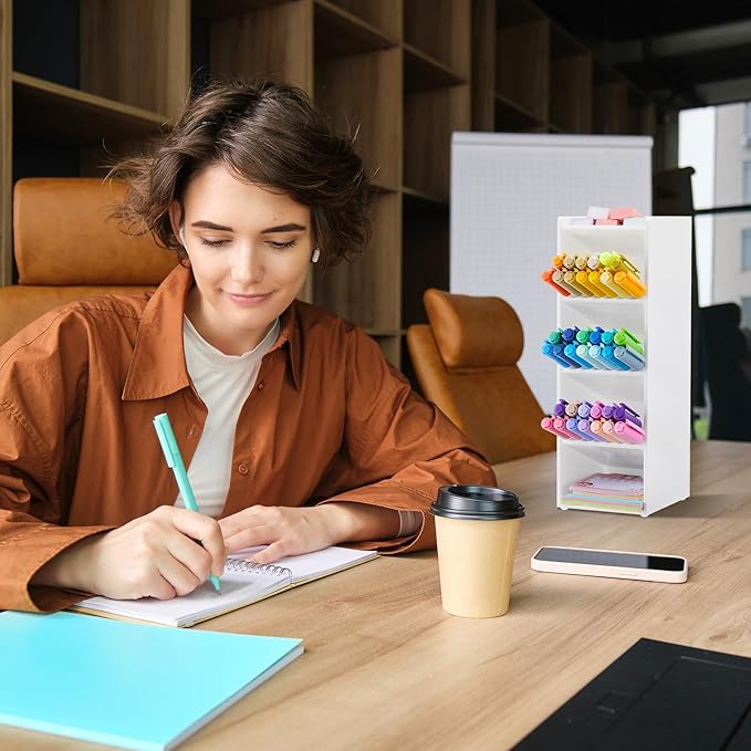 Acrylic Pen Organizer Storage for 50 Markers Vertical Marker Organizer Acrylic Pen Display Holder for Office Desk Desktop Stationery Pencil Storage, White, 3.4 x 4 x 10.2 Inch