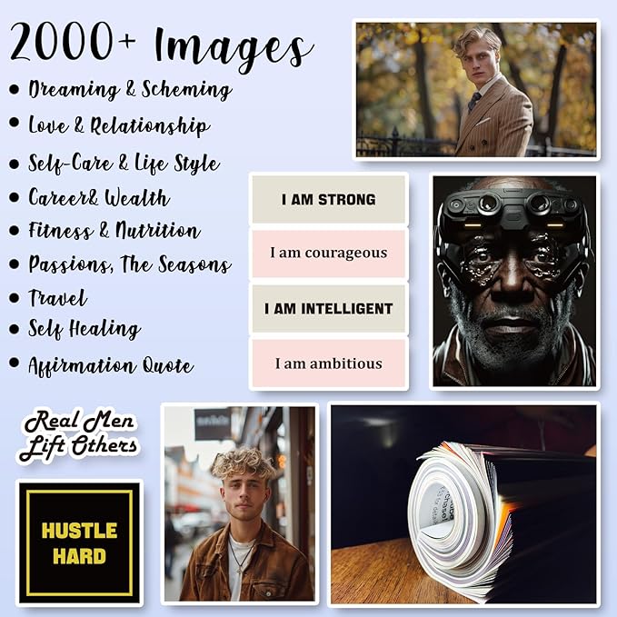 EggSun Vision Board Supplies with 1200+ Images & Quotes Collage Magazine Book, Wall Clip Art Scrapbook Journal Kit for Vision Board Making Beginners Women Men Teen Boy Girls Coquette Room Decors (Men)