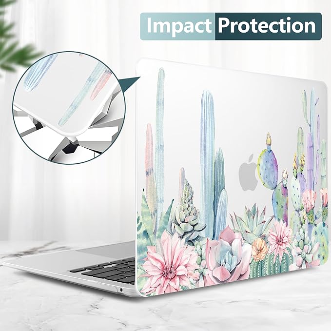 DONGKE Compatible with MacBook Air 13 inch Case 2021 2020 2019 2018 Release A2337 M1 A2179 A1932 with Retina Display & Touch ID, Plastic Hard Shell & Keyboard Cover - Watercolor Cactus