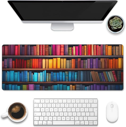 Large Gaming Mouse Pad for Desk,Bookshelves Full of Books Desk Mat,Colorful Books Desk Pad,Extended Big Computer Keyboard Mouse Pad with Non-Slip Base and Stitched Edge,31.5"x11.8"