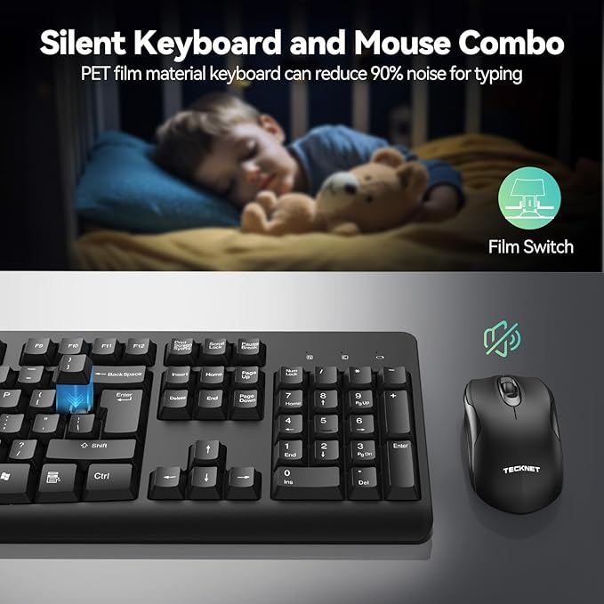 TECKNET Wireless Keyboard and Mouse Combo, Full Size Silent Ergonomic Keyboard and Mouse, Long Battery Life, Optical Mouse, Spill-Resistant, 2.4G Lag-Free Cordless Mice Keyboard for PC,Laptop,Computer
