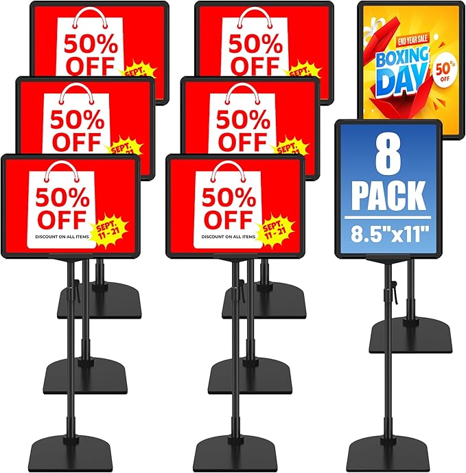 8Pack Sign Holder Stand for Display 8.5 x 11, Adjustable Poster Stand for Table Top & Floor, Floor Standing Sign Holder, Metal Signage Stands for Business, Market, Retail, Store Display Stands