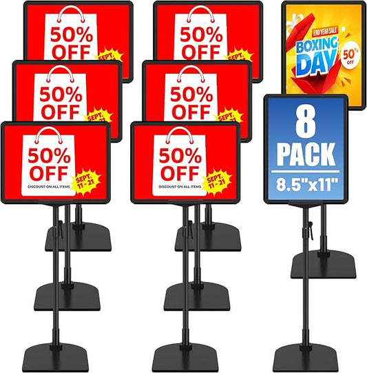 8Pack Sign Holder Stand for Display 8.5 x 11, Adjustable Poster Stand for Table Top & Floor, Floor Standing Sign Holder, Metal Signage Stands for Business, Market, Retail, Store Display Stands