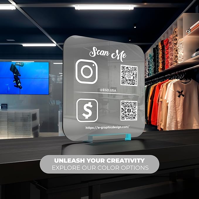 EGD Personalized Social Media QR Code Sign for Business | Facebook Instagram Sign | Custom Signs for Business I Standoff Screws Included I Multiple Color and Holder Options | Wide 10"x 10" Height