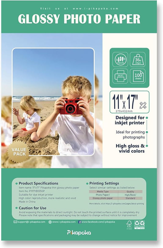 36lb Glossy Photo Paper, 11x17, Tabloid Size, Thin Glossy Photo Paper for Chip Bags, 100 Pack