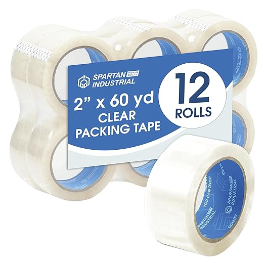 Spartan Industrial - 2" X 60 yd Clear Shipping Tape Rolls - 12 Rolls of Heavy Duty Box Tape for Moving, Packing, Shipping, Storage - 2.7 Mil