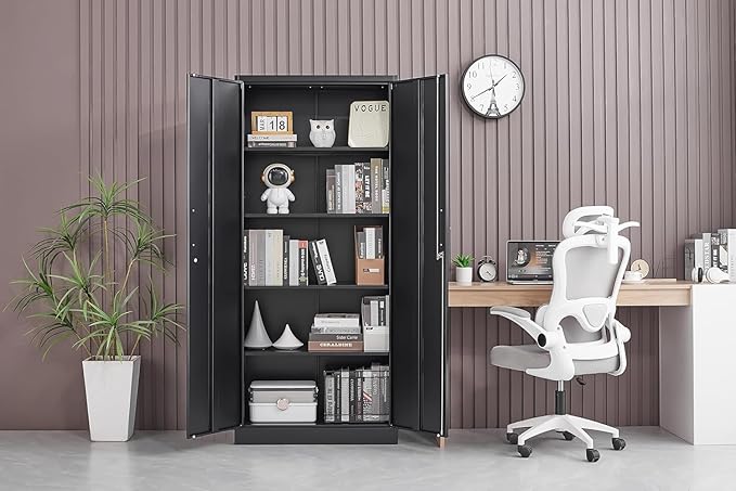 Metal Storage Cabinet with Adjustable Shelves, Garage Storage Cabinets with Doors and Shelves, File Cabinets for Home Office, Kitchen Pantry Cabinet, 71'H, Black