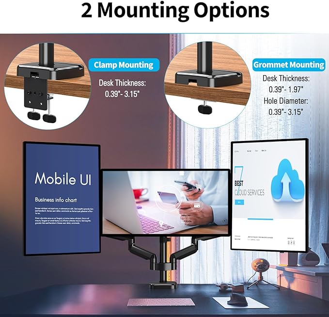 MOUNTUP Triple Monitor Mount, Three Monitor Desk Mount for Max 27 inch Computer Screens, Triple Monitors Stand with Gas Spring, Monitors Arm with Swivel, Tilt, Rotation, Each Arm Holds 4.4-19.8 lbs