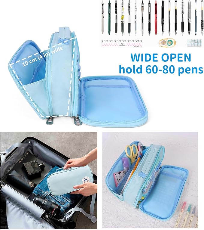 Pencil Case Pen Bag Holder Pouch Large Handle Big Capacity Desk Organizer Storage Marker Box Stationary Makeup Cosmetic Double Zippers for School Office Students Teen