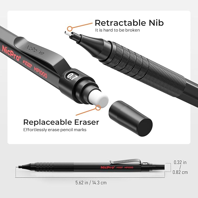 Nicpro 2 PCS Mechanical Pencil 0.5mm & 0.7 mm with Case, MP1000 Metal Artist Pencil Set with 4 Tubes HB Lead Refills, 2 Erasers, 9 Eraser Refills For Art Writing Drafting, Drawing, Sketch, Black
