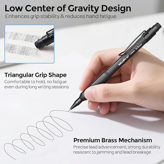 Nicpro HD1000 0.5 mm Art Mechanical Pencil Set in Case, 3 PCS Weatherproof Mechanical Pencils with 6 Tube HB Refills, Eraser, Weatherproof Barrel for Outdoor Writing Marking Drafting Drawing Sketching