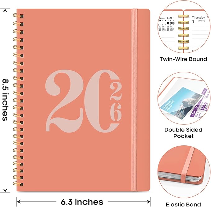 2026 Planner, Weekly and Monthly Calender Planner, Jan 2026 to Dec 2026, Hardcover 2026 Calendar Planner Book with Tabs & Inner Pocket, Office Home School Supplies for Women & Men - A5 (6.3" x 8.5"), Coral