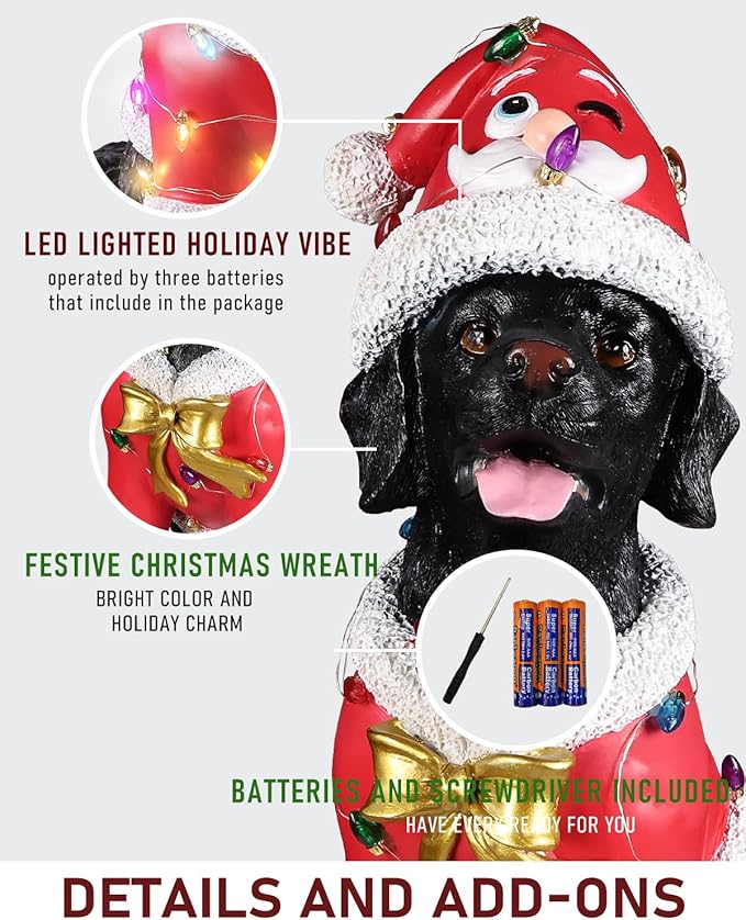 Christmas Outdoor Decoration Dog Statue, LED Light Cute Labrador Dog Sculpture with Pink Santa Outfit & Lights for Garden and Yard, Indoor Holiday Décor Gift for mom and dad