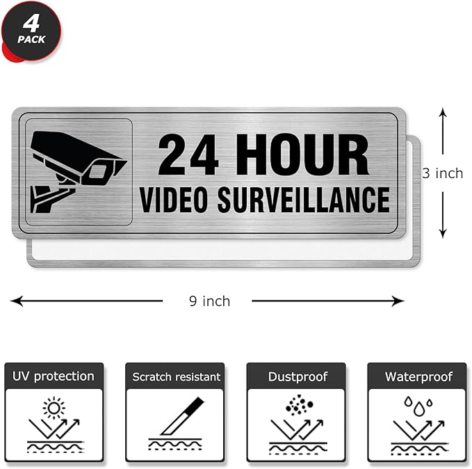 24 Hour Video Surveillance Sign Aluminum Silver 9 x 3 Inches Self-Adhesive Waterproof Metal Door Wall Sign for Business Restaurants 4 Pack