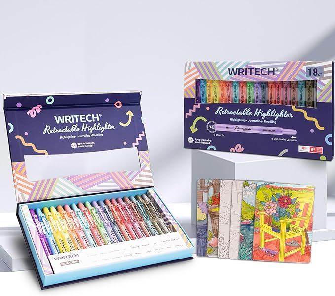 WRITECH Retractable Highlighters Assorted Colors: 18ct Aesthetic Highlighter Markers with Gift Case Multicolor Ink Chisel Tip No Smear for Highlighting Journaling Coloring Bible