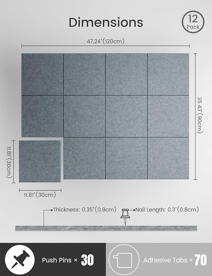 Bumusty Large Cork Board 47"x35" Alternative - 12 Pack Felt Wall Tiles with 70 Safe Removable Adhesive Tabs, 30 Pushpins, Cork Boards for Walls Pin Board Tack Board Cork Board (Silver Mink)