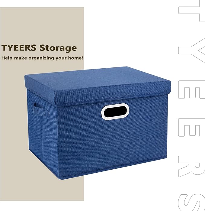 TYEERS Collapsible Storage Bins With Lids, Large Fabric Storage Boxes - 2 Pack - Classic Blue