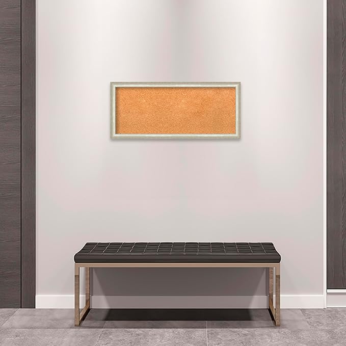 Amanti Art Natural Cork Board for Wall, 14x32 Vision Board with Silver Wood Frame, Medium Corkboard Office Decor for Home Organization, Modern Contemporary Corkboard Pinboard to display items for home