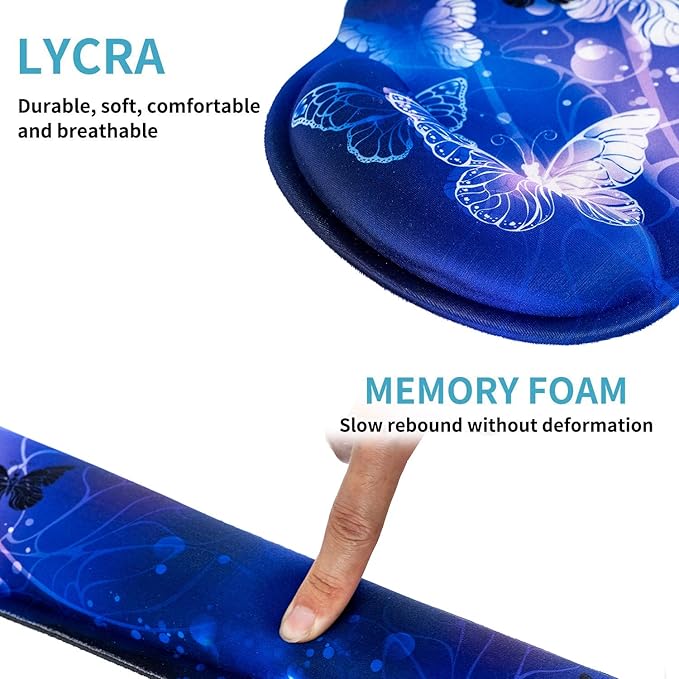 RICHEN Keyboard Wrist Rest and Mouse Pad with Wrist Support, Memory Foam Set for Gaming and Office, Comfortable & Lightweight for Easy Typing & Pain Relief (White Butterflies)