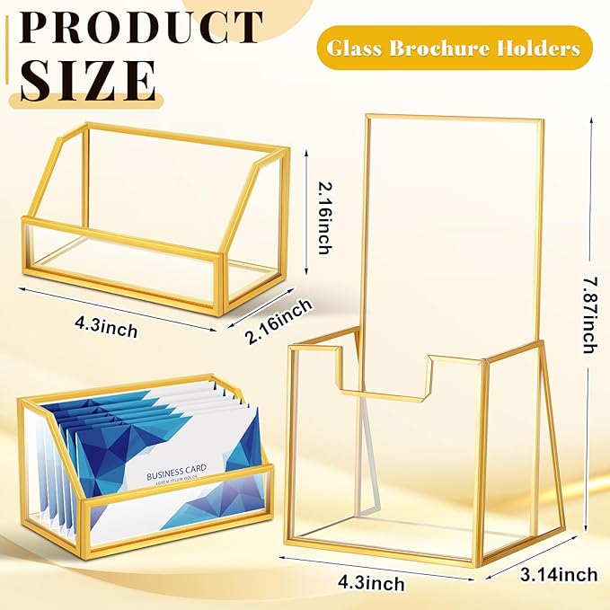 4 Pcs Glass Display Stand Set 2 Gold Glass Brochure Holder Stand 2 Gold Business Card Holder for Office Desktop Countertop Name Card Magazine Literature Journal (4 x 8 '')