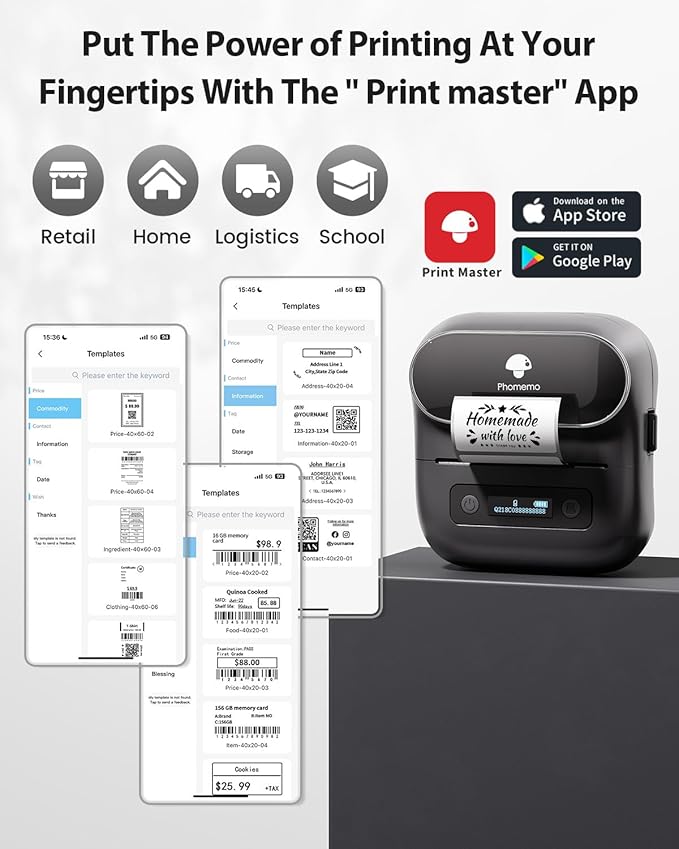 Phomemo Label Maker,M220 Label Printer,3 Inch Bluetooth Thermal Label Maker Machine with 2000+ Icons,300+ Templates & Fonts,for Kids School Items,Small Business,Large Sticker