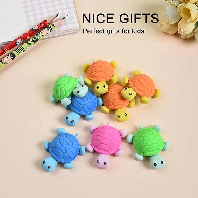 16 Pcs Cute Turtle Pencil Erasers for Kids, Novelty Rubber Turtle Desk Pet Erasers for Classroom Favors Party Supplies