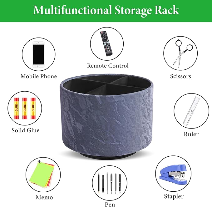 Hennaja Round Leather Art Supply Organizer,Remote Control Holder,360 Degree Spinning,Multi-Functional Pencil Holder,4 Compartments Desktop Stationary Organizer(1-Hill Blue)