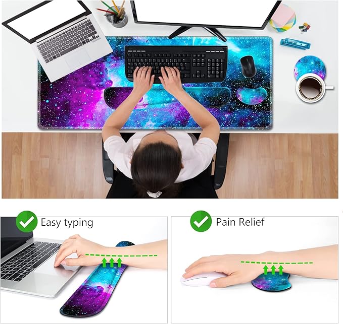 AIMSA Large Gaming Mouse Pad Set, Keyboard Wrist Rest Support Mouse Pad, Ergonomic Memory Foam Multifunctional Extended Desk Mat 35x15.7in Anti-Slip Rubber Base, Galaxy Nebula Universe