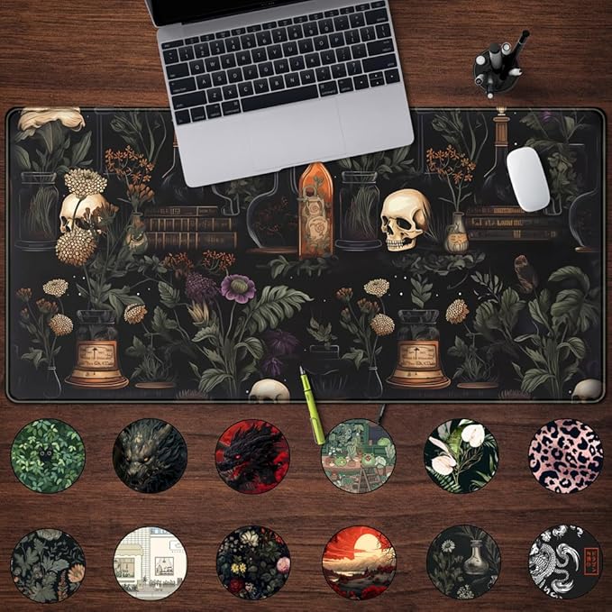 Vintage Aesthetic XL Extended Large Gaming Mouse Pad - Black Academia Mystical Green Plant Design - Computer Laptop Keyboard and Mouse Mat Desktop Protector - 31.5 x 15.8 in