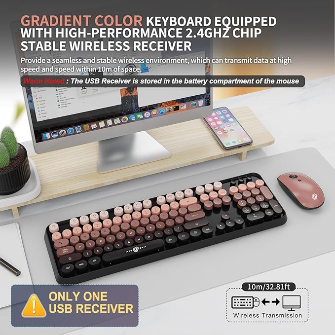 Wireless Keyboard and Mouse Combo, 104 Round Keys Cute Colorful Keyboard and Mouse with Retro Typewriter for PC/Mac/Laptop/Tablet/Computer/Windows Black