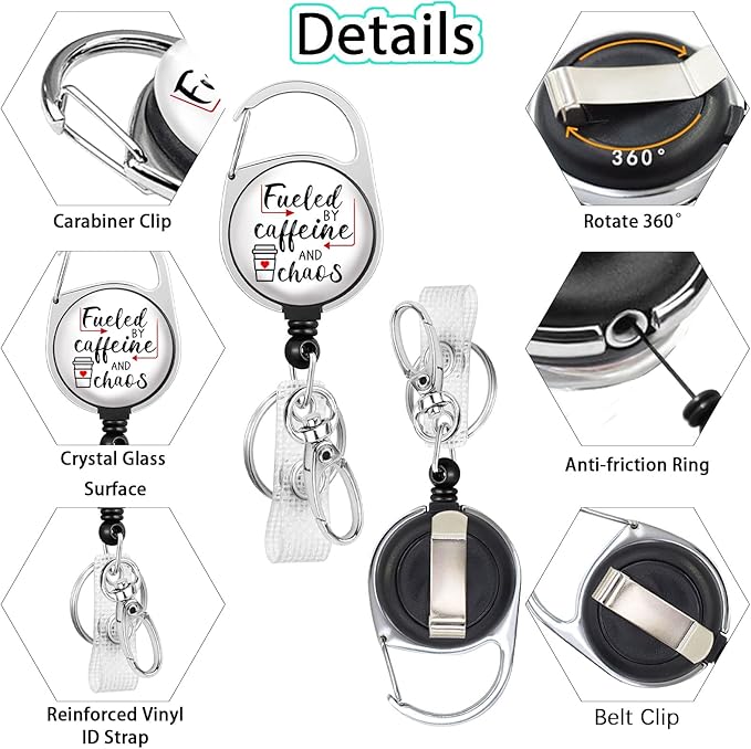 Gctriki Badge Reel Holder Retractable Heavy Duty with 360° Swivel Carabiner Clip, Funny Fueled by Caffeine and Chaos ID Holder Name Badge Clip RN Nurse Medical Badge Reel Retractable Keychain Gifts