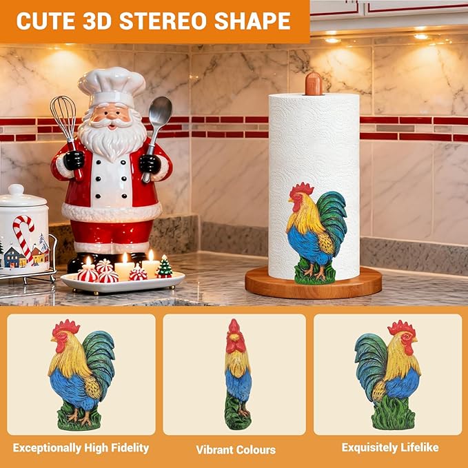 Rooster Paper Towel Holder Countertop, 3D Modern Chicken Farmhouse Kitchen Counter Decor, Cute Rooster Wooden Stand for Bathroom & Home Indoor Table Accessories, Gift for Women, Housewarming Gifts