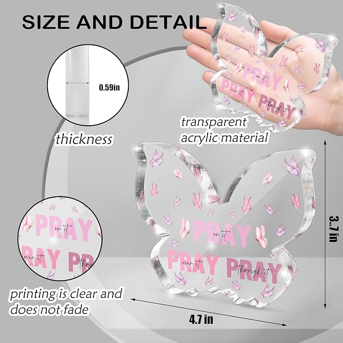 Pink Christian Gifts for Women, Religious Plaques Christian Woman Decor Gifts, Modern Home Office Room Bathroom Bedroom, Pray On It Over It Acrylic Sign for Teacher Boss Friend(Butterfly)