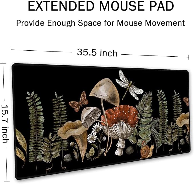 SSOIU Cute Witch Magic Mushroom Forager Fern Desk Mat, Boho Extended Mouse Pad, Extra Large Gaming Desk Pad Non-Slip Water-Resistant Rubber Base Computer Keyboard Mouse Mat, 35.5 x 15.7-inch